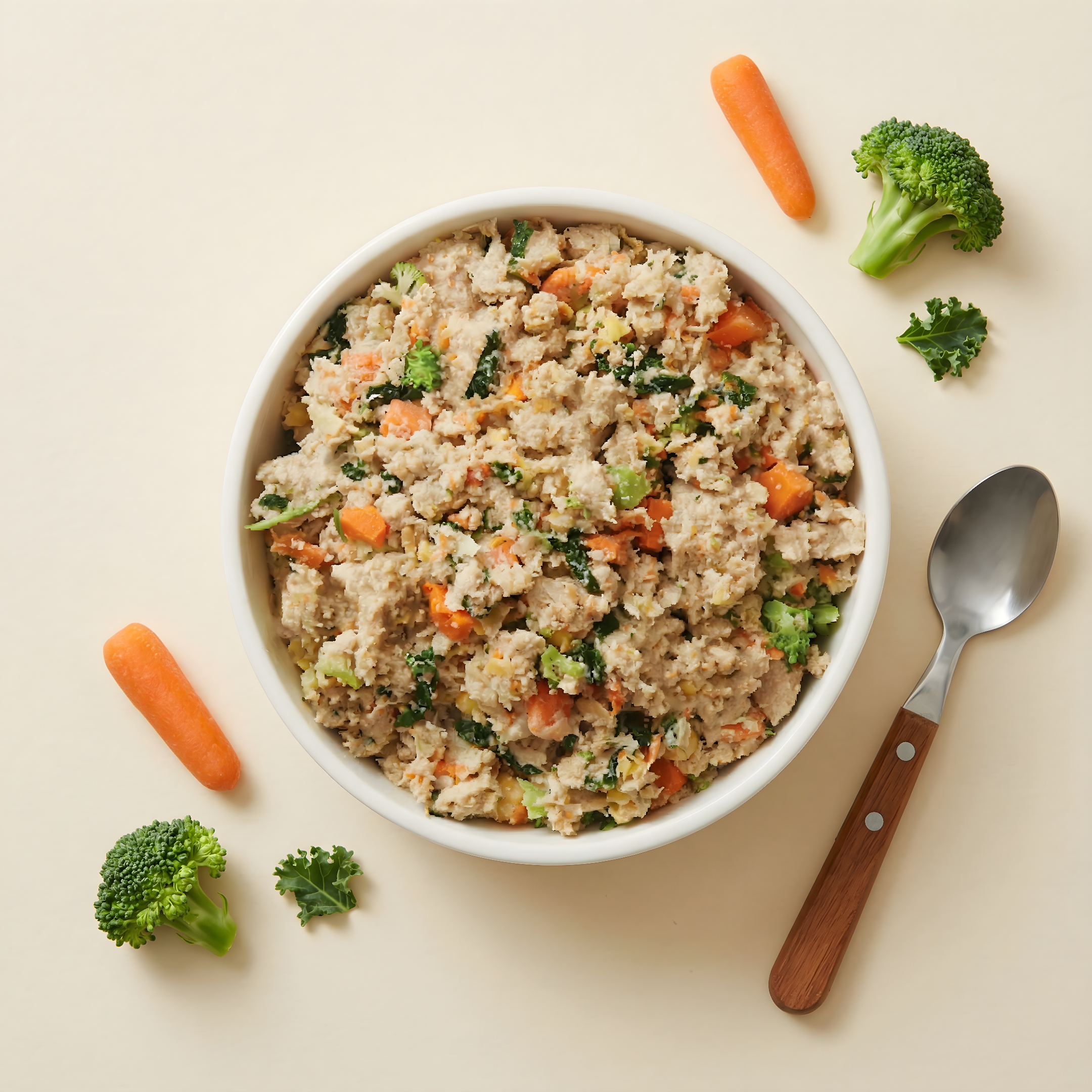 Fresh dog food in a bowl on a table with ingredients