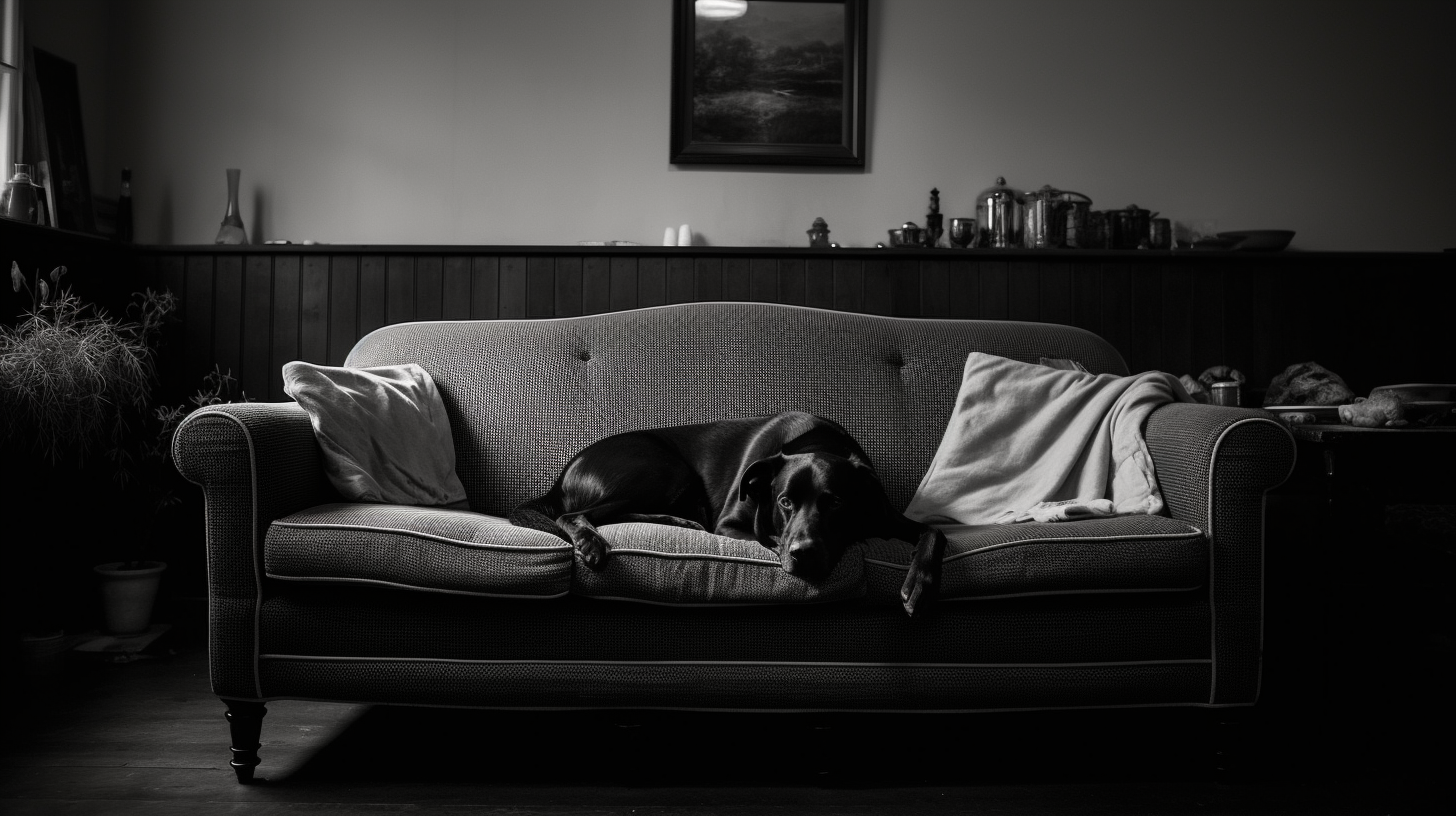 A black dog laying on a sofa in a chic living room
