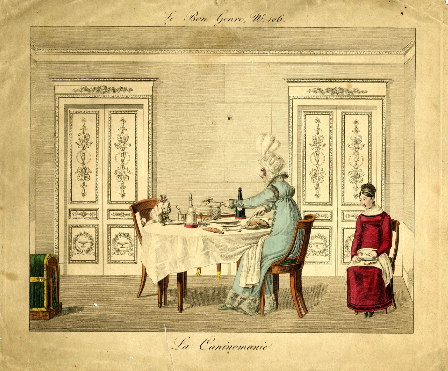La caninomanie Print of a woman feeding her dog while her child sits in the corner