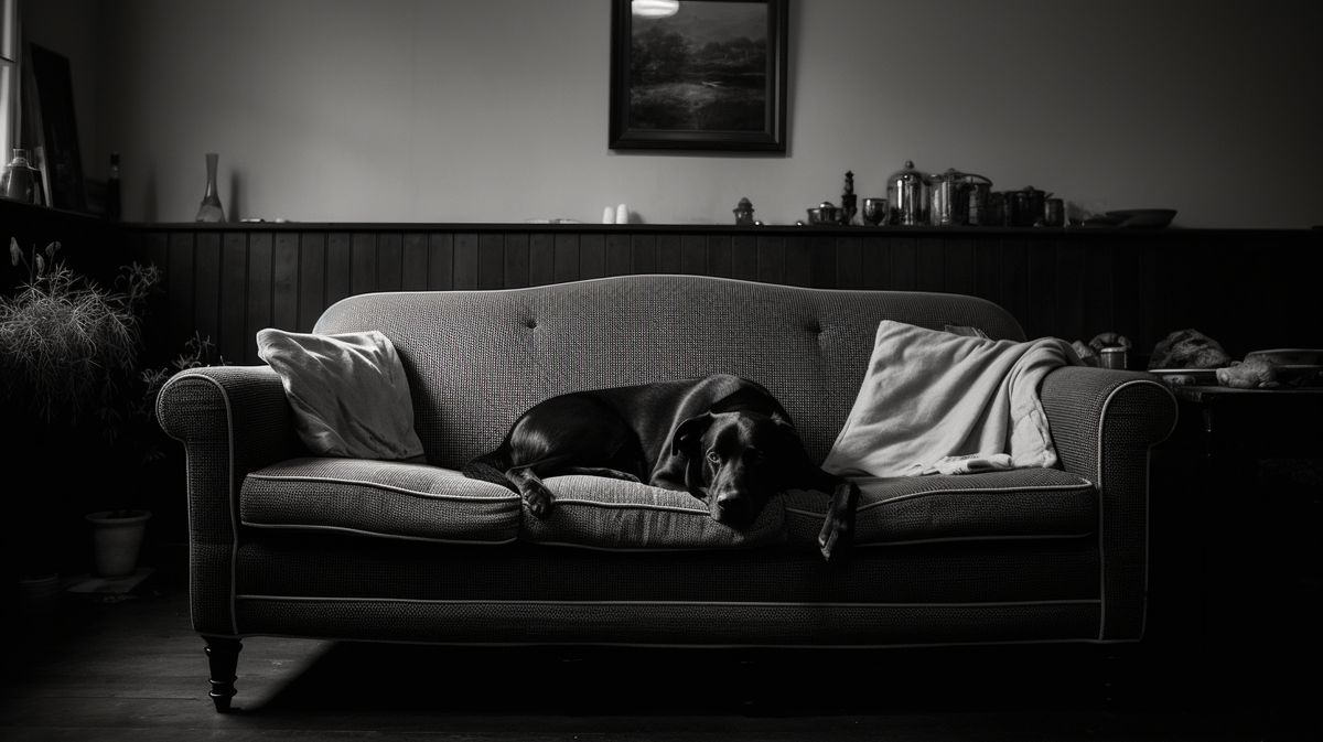 A black dog laying on a sofa in a chic living room